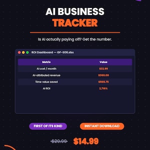May include: A digital AI Business Tracker dashboard graphic featuring the text Genius Foundry, AI Business Tracker, and Is AI actually paying off? Get the number. It displays an ROI Dashboard spreadsheet with metrics for cost, revenue, time saved, and ROI.