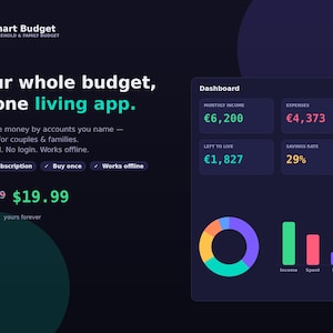 Może przedstawiać: Ciemny interfejs cyfrowy aplikacji Smart Budget. Ekran zawiera tekst: Your whole budget, in one living app. Pulpit nawigacyjny prezentuje dane finansowe, w tym miesięczny dochód, wydatki i stopę oszczędności, wraz z wykresem pierścieniowym i słupkowym.