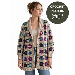 May include: A beige crochet cardigan featuring a granny square pattern in shades of teal, purple, and dark green. The garment has a ribbed shawl collar, long sleeves with ribbed cuffs, and wooden toggle buttons. Text reads: CROCHET PATTERN PDF.