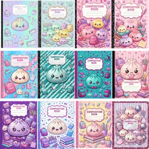 Kawaii Dumpling Composition Notebook Covers, 12 Pack Digital Papers, Back to School PNG Bundle, Glitter Teacher Notebook, KDP Interior