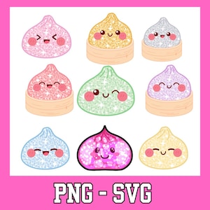 May include: A collection of nine glittery, cartoon-style dumpling illustrations with smiling faces and rosy cheeks. The dumplings feature various pastel colors including pink, yellow, silver, green, purple, blue, and magenta, some resting in bamboo steamers.