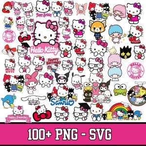 May include: A collection of Sanrio character illustrations featuring Hello Kitty, My Melody, Keroppi, and others in various poses and outfits. The graphics include text such as Hello Kitty, Happy Birthday, and Sanrio, with a 100+ PNG-SVG label.
