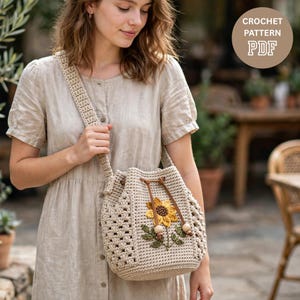 Molde para Bolsa de Crochê Tipo Balde, Bolsa com Cordão em Formato de Girassol, Bolsa de Ombro Boho Cottagecore (Download em PDF)