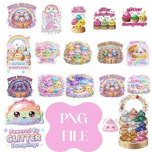 Glitter Dumpling PNG-paket, Kawaii-mat, pastellregnbåge, barndesign (digital nedladdning)