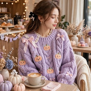 May include: A lavender cable-knit sweater featuring embroidered orange pumpkin faces, light pink ribbon bows on the shoulders and sleeves, and a white lace collar. The thick knit fabric has a textured pattern with vertical cables and small bows.