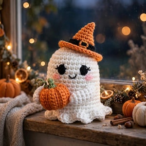 Puede incluir: Una figura de fantasma tejida a ganchillo en color blanco que lleva un sombrero de bruja naranja con una banda y hebilla negras. El fantasma tiene ojos bordados en negro, una pequeña sonrisa y mejillas rosadas. Sostiene una calabaza naranja.