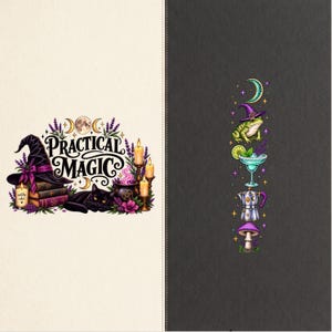 Puede incluir: Un diseño de dos paneles con un lado izquierdo color crema con el texto Practical Magic, un sombrero de bruja negro, libros, un gato negro, velas y lavanda. El lado derecho es negro con una pila vertical de una luna creciente, rana, cóctel y hongo.