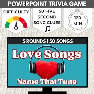 Peut inclure: Un jeu de questions-réponses PowerPoint avec un fond bleu et le texte "Love Songs Name That Tune". Le jeu comprend 5 tours et 50 chansons. Un cœur rouge avec des écouteurs est au centre de l'écran.