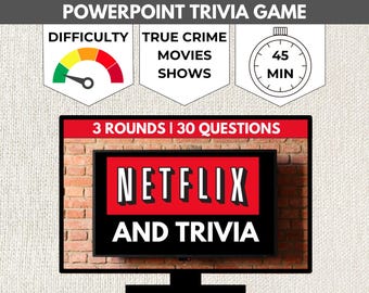 Juego de PowerPoint sobre trivia de Netflix / Presentación de diapositivas sobre trivia de crímenes reales para adultos / Juego de fiesta digital con temática de películas para cumpleaños / Diapositivas de trivia sobre televisión