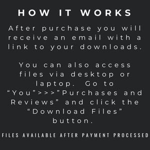 May include: A dark background displays white text explaining how to access digital downloads after purchase. The text includes instructions on checking email and accessing files via desktop or laptop. The text reads "HOW IT WORKS".