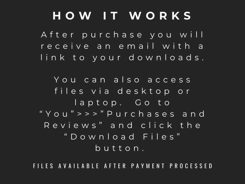 May include: A dark background displays white text explaining how to access digital downloads after purchase. The text includes instructions on checking email and accessing files via desktop or laptop. The text reads "HOW IT WORKS".