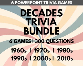 Paquete de trivia sobre las décadas de 1960, 1970, 1980, 1990, 2000 y 2010. Juegos de PowerPoint. Presentaciones de trivia de pub. Paquete de trivia sobre música, películas, TV y cultura pop.