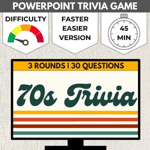 以下が含まれることがあります： 1970 年代をテーマにした PowerPoint のクイズゲーム。このゲームは 3 ラウンドで 30 問、45 分の制限時間があります。このゲームは、より速く、より簡単なバージョン用に設計されています。
