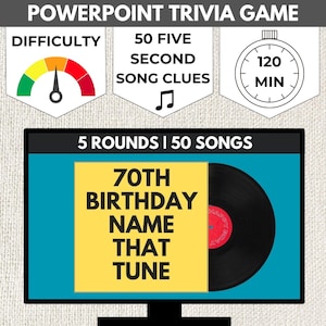 May include: A computer screen displaying a PowerPoint trivia game for a 70th birthday party. The game features 5 rounds with 50 songs, a 120-minute time limit, and 50-second song clues. The text on the screen reads "70th Birthday Name That Tune".