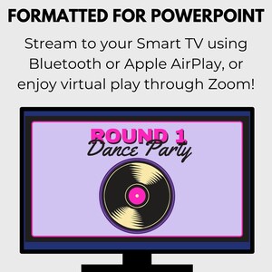 May include: A computer screen displaying a purple background with the text "ROUND 1 Dance Party" in pink and black. A black and gold record with a pink center is in the middle of the screen.