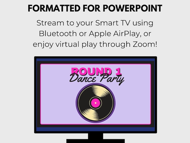 May include: A computer screen displaying a purple background with the text "ROUND 1 Dance Party" in pink and black. A black and gold record with a pink center is in the middle of the screen.