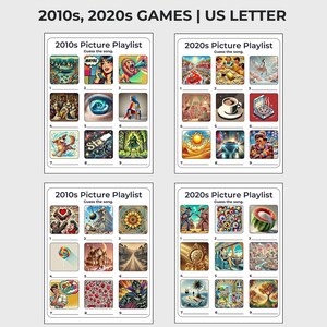 May include: Four illustrated game cards with the text "2010s, 2020s GAMES | US LETTER" and "2010s Picture Playlist Guess the song" and "2020s Picture Playlist Guess the song". Each card features nine colourful images.