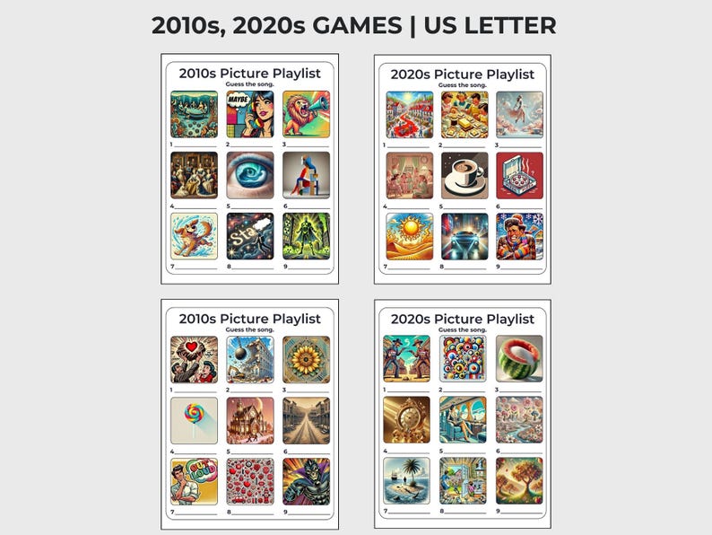 May include: Four illustrated game cards with the text "2010s, 2020s GAMES | US LETTER" and "2010s Picture Playlist Guess the song" and "2020s Picture Playlist Guess the song". Each card features nine colourful images.