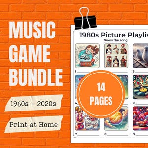 May include: An orange brick background with a music game bundle advertisement. The text reads "MUSIC GAME BUNDLE" and "1960s - 2020s". A page shows a "1980s Picture Playlist" with illustrations and the text "Guess the song."