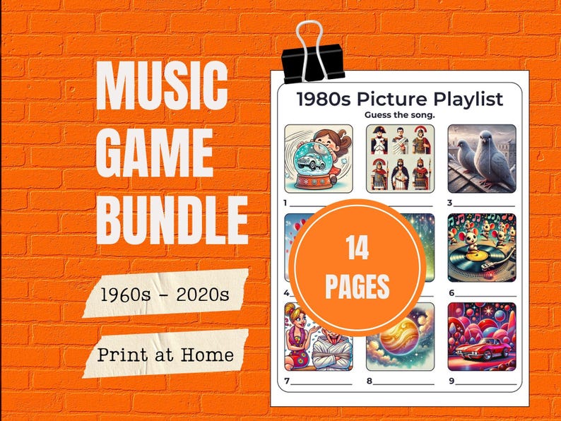 May include: An orange brick background with a music game bundle advertisement. The text reads "MUSIC GAME BUNDLE" and "1960s - 2020s". A page shows a "1980s Picture Playlist" with illustrations and the text "Guess the song."