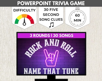 ROCK AND ROLL Music Name That Tune PowerPoint Quiz | Digital Adult Party Game Ppt | 70s & 80s Song Guessing Game Slideshow | Pub Trivia Game