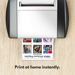 May include: A white printer printing a card with colourful images and the text "1980s Picture Playlist". The card features six images and the words "Guess the song". The text "Print at home instantly" is below the printer.