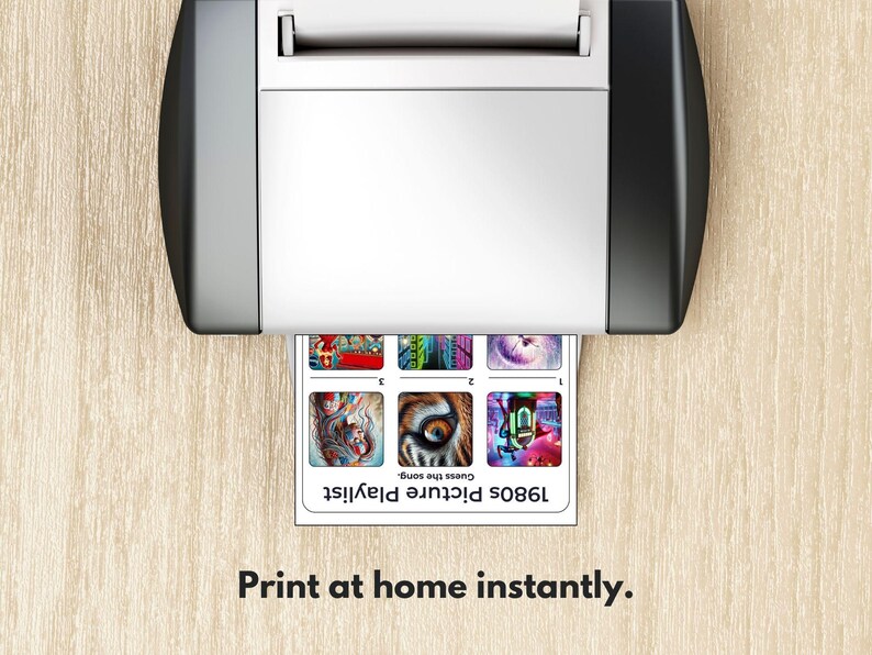 May include: A white printer printing a card with colourful images and the text "1980s Picture Playlist". The card features six images and the words "Guess the song". The text "Print at home instantly" is below the printer.
