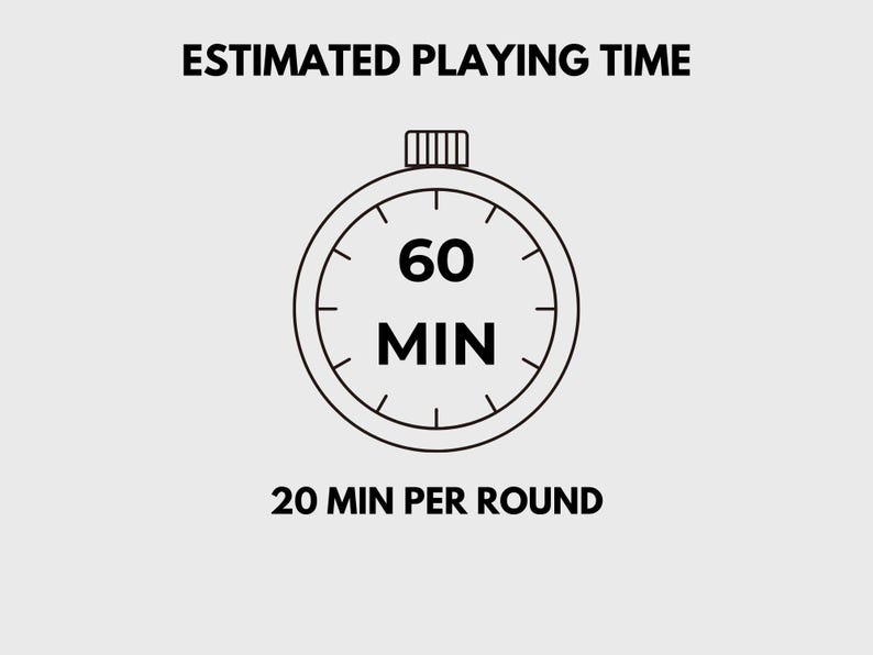May include: A black and white illustration of a stopwatch with the text "60 MIN" and "20 MIN PER ROUND".