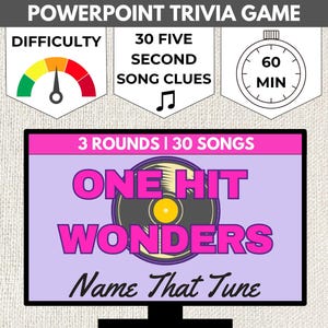 Op de afbeelding: Een roze en paarse PowerPoint-trivia-game met de titel "One Hit Wonders: Name That Tune". Het spel heeft 3 rondes met 30 liedjes en een tijdslimiet van 60 minuten. Het spel bevat 30 vijf-seconden liedjes-hints.