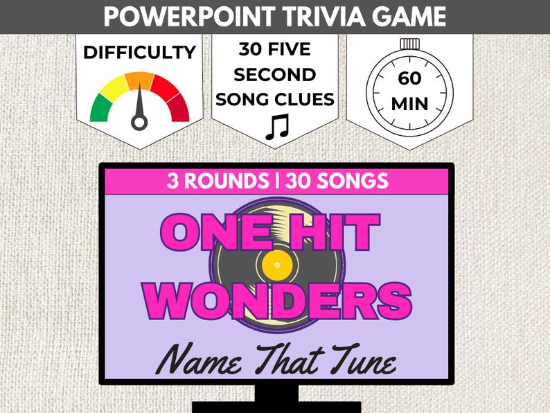 May include: A pink and purple PowerPoint trivia game titled "One Hit Wonders: Name That Tune". The game features 3 rounds with 30 songs and a 60-minute time limit. The game includes 30 five-second song clues.