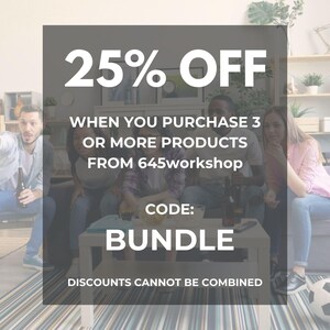 May include: An image advertising a 25% discount on purchases of three or more products from 645workshop. The discount code is "BUNDLE". A group of people are sitting on a sofa, with a football in the foreground.
