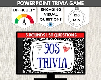 JUEGO DE POWERPOINT DE TRIVIA DE LOS AÑOS 90 / Juego de fiesta de cumpleaños número 50 / Juegos de reunión de la generación X / Juego de presentación de diapositivas para adultos con descarga digital / Trivia de los años 90