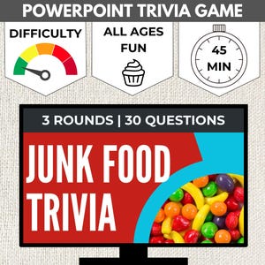 May include: A red and blue computer screen with the text "JUNK FOOD TRIVIA" in white. The screen is surrounded by a white border and has a black stand. The screen is displaying a variety of colorful candies and fruit.