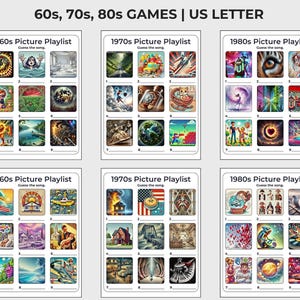 May include: Six game cards featuring illustrations from the 1960s, 70s, and 80s, designed as "Picture Playlists" to prompt players to "Guess the song." The cards are arranged in a grid, with each decade represented.