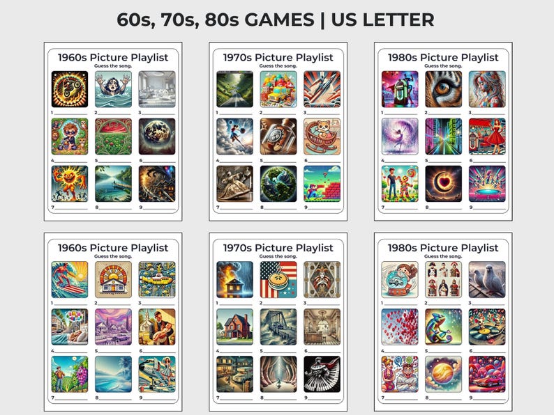 May include: Six game cards featuring illustrations from the 1960s, 70s, and 80s, designed as "Picture Playlists" to prompt players to "Guess the song." The cards are arranged in a grid, with each decade represented.