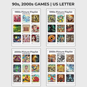 May include: Four game cards with the text "90s, 2000s GAMES | US LETTER". Each card has a "1990s Picture Playlist" and "2000s Picture Playlist" with the text "Guess the song". Each playlist has nine images.