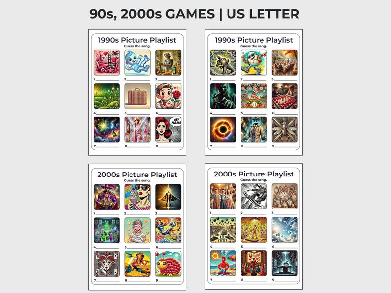 May include: Four game cards with the text "90s, 2000s GAMES | US LETTER". Each card has a "1990s Picture Playlist" and "2000s Picture Playlist" with the text "Guess the song". Each playlist has nine images.