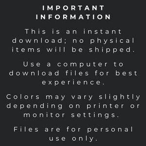 May include: A dark grey background with white text. The text reads "IMPORTANT INFORMATION" followed by details about an instant download, with no physical items shipped. It advises using a computer to download files.