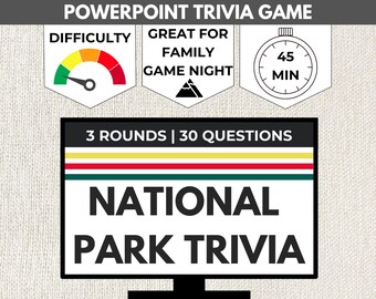 JUEGO DE TRIVIA SOBRE PARQUES NACIONALES / Cuestionario de viaje en PowerPoint digital / Presentación de diapositivas de trivia en un pub / Noche de juegos en familia por Zoom / Recursos para profesores de geografía