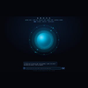 Könnte beinhalten: Eine digitale Benutzeroberfläche mit dem Titel A.R.V.I.S. zeigt eine leuchtend blaue Kugel in der Mitte, umgeben von einer kreisförmigen Anzeige. Darunter steht der Text: I'm online and I've read your vault. Ask me anything. Ein Eingabefeld befindet sich unten.