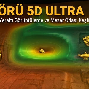 Op de afbeelding: Een digitaal display voor de AVCI BÖRU 5D ULTRA, met een 5D ondergrondse scan van een stenen kamer. De scan toont gouden artefacten, waaronder een masker, een lamp en goudklompjes, gemarkeerd met een groene en oranje warmtebeeldoverlay.