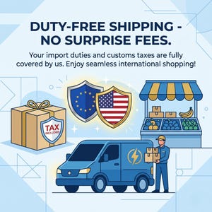 K&ouml;nnte beinhalten: Eine grafische Illustration mit dem Text DUTY-FREE SHIPPING - NO SURPRISE FEES. Sie enth&auml;lt einen braunen Karton mit einem TAX INCLUDED-Schild, zwei Schilde mit den Flaggen der Europ&auml;ischen Union und der USA, einen blauen Lieferwagen und einen Marktstand.