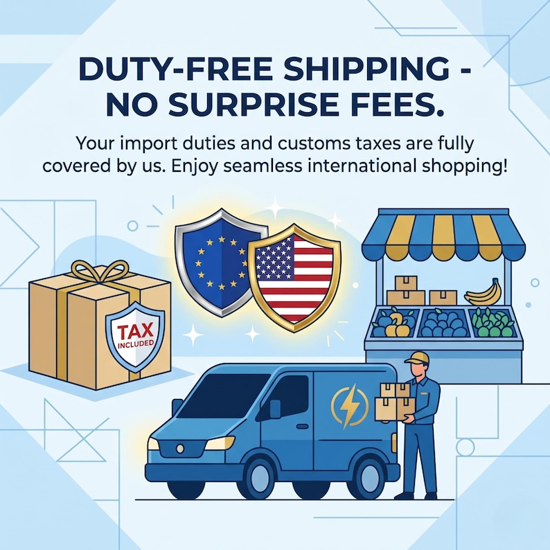 K&ouml;nnte beinhalten: Eine grafische Illustration mit dem Text DUTY-FREE SHIPPING - NO SURPRISE FEES. Sie enth&auml;lt einen braunen Karton mit einem TAX INCLUDED-Schild, zwei Schilde mit den Flaggen der Europ&auml;ischen Union und der USA, einen blauen Lieferwagen und einen Marktstand.