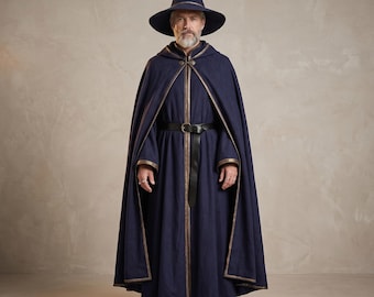 Ensemble de costume de sorcier en laine bleu foncé avec chapeau pointu, robe médiévale-fantastique Cosplay
