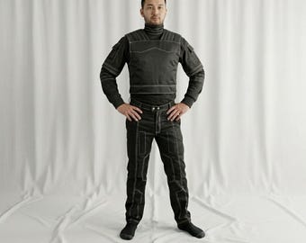 Costume de chasseur de primes inspiré de Boba Fett et du Mandalorien | Combinaison de vol cosplay noire 3 pièces en coton