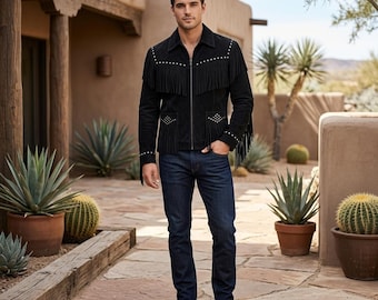 Handmade Men's Black Suede Fringe Jacket | Western Cowboy Leather Jacket | Native American Festival Coat
