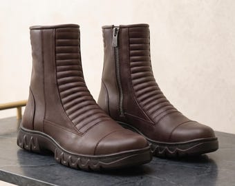 Kampfstiefel aus Leder im Fallout-Stil | Wasteland Herren-Cosplay-Schuhe | Postapokalyptische Kostümschuhe | LARP Halloween