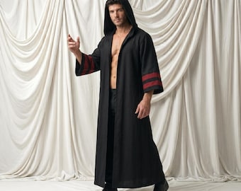 Cape à capuche inspirée des Sith | Robe d'acolyte noir | Costume de guerrier fantastique | Tenue de cosplay GN pour Halloween