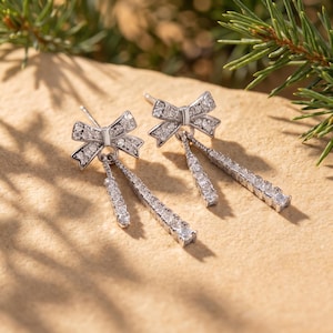 S999 Silver CZ Bow Dangle Earrings, Rhinestone Ribbon Drop Earrings, Sparkly Statement Earrings, Gift for Her