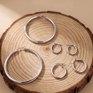 May include: A set of five silver-toned hoop earrings in varying sizes, featuring two large hoops and three smaller hoops, all with a smooth, polished finish and a hinged post closure mechanism for secure attachment to the earlobe.